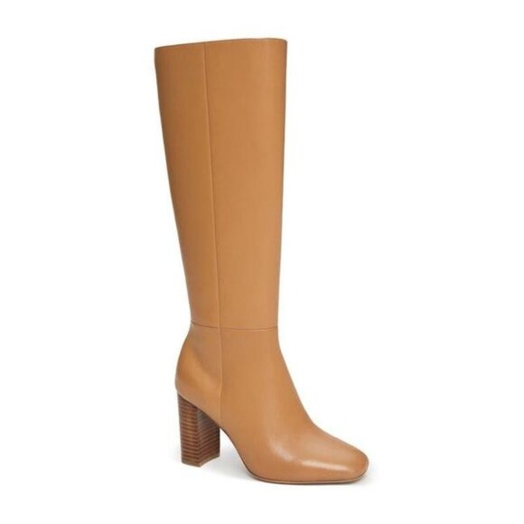 PAIGE Keely Tan Leather Knee-High Block Heel Boots, Side Zip Closure Size 10.5